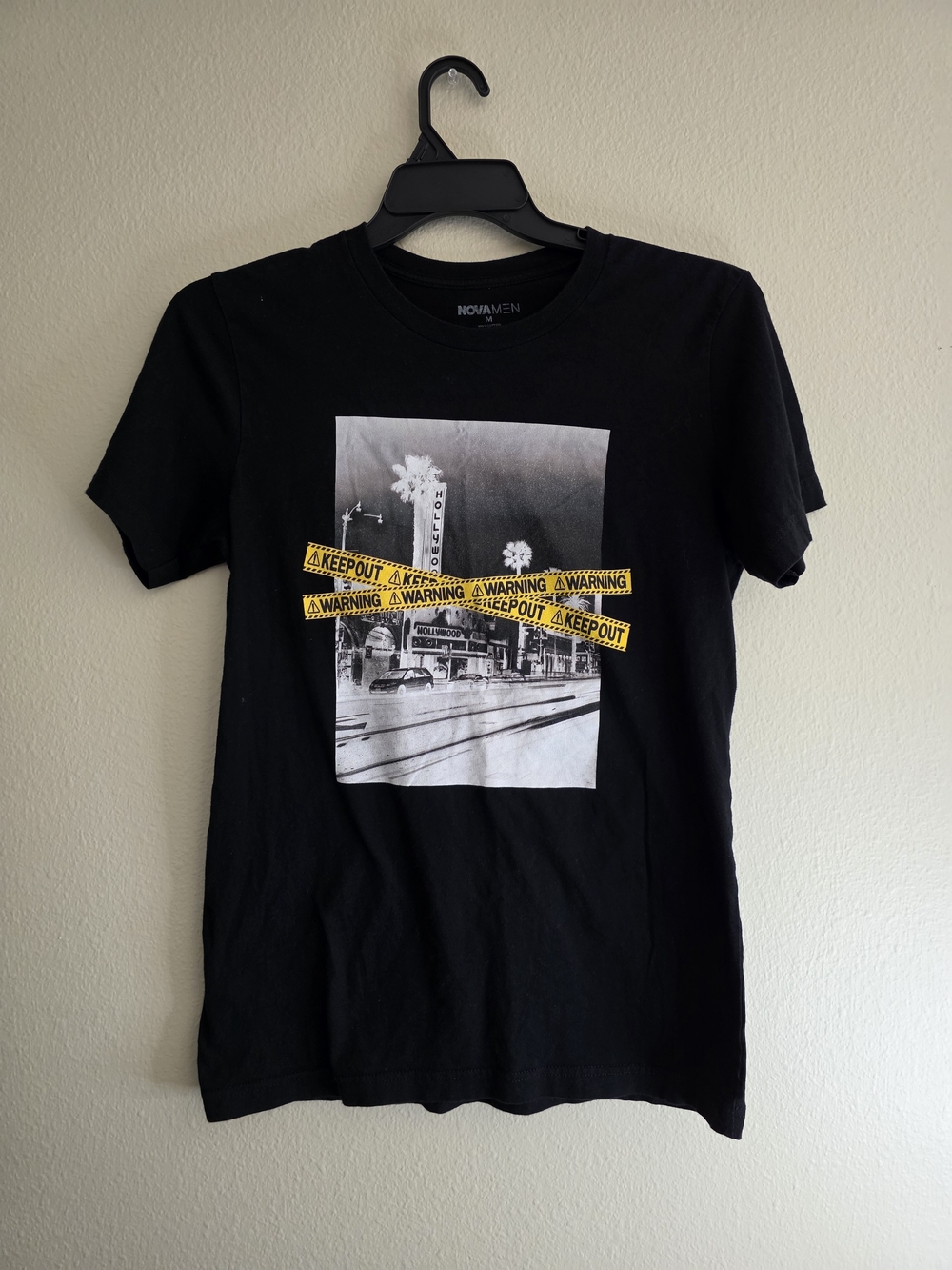 Black Graphic Tee with Yellow Warning Tape Print - Men